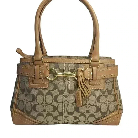 COACH Signature Satchel Shoulder Bag in tan vachetta leather/ canvas - Picture 11 of 13
